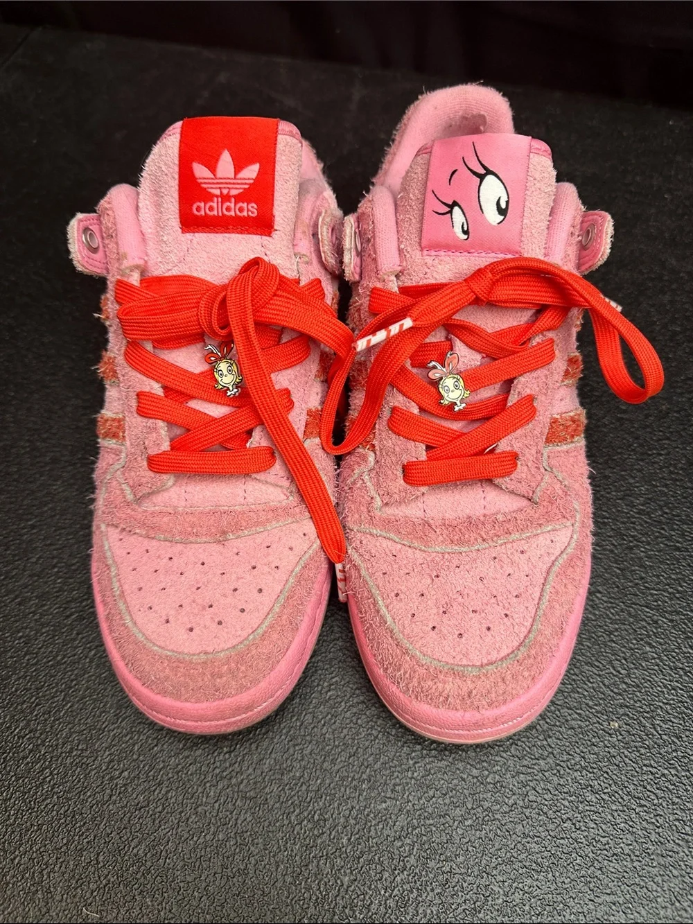 Adidas + Dr. Seuss Kids Pink Suede Sneakers with Red Laces and Character Tongue